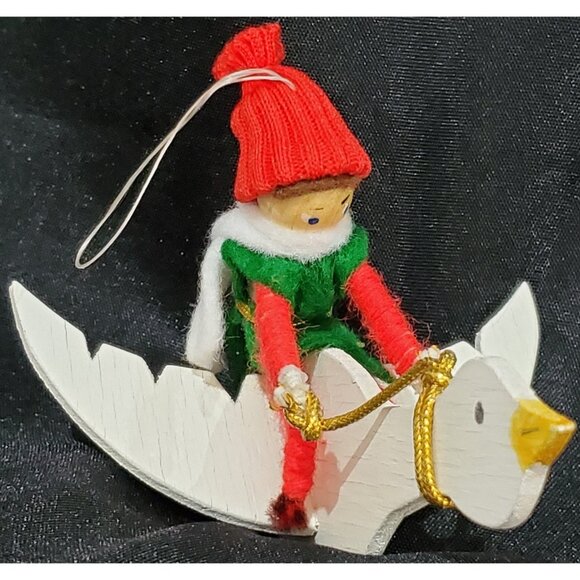 ELF RIDING FLYING GOOSE Christmas Ornament wooden & fabric 5"long 3.5"high - Picture 1 of 7